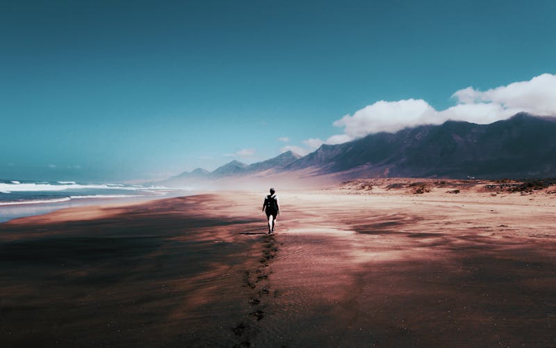A landscape with a person walking toward distant mountains