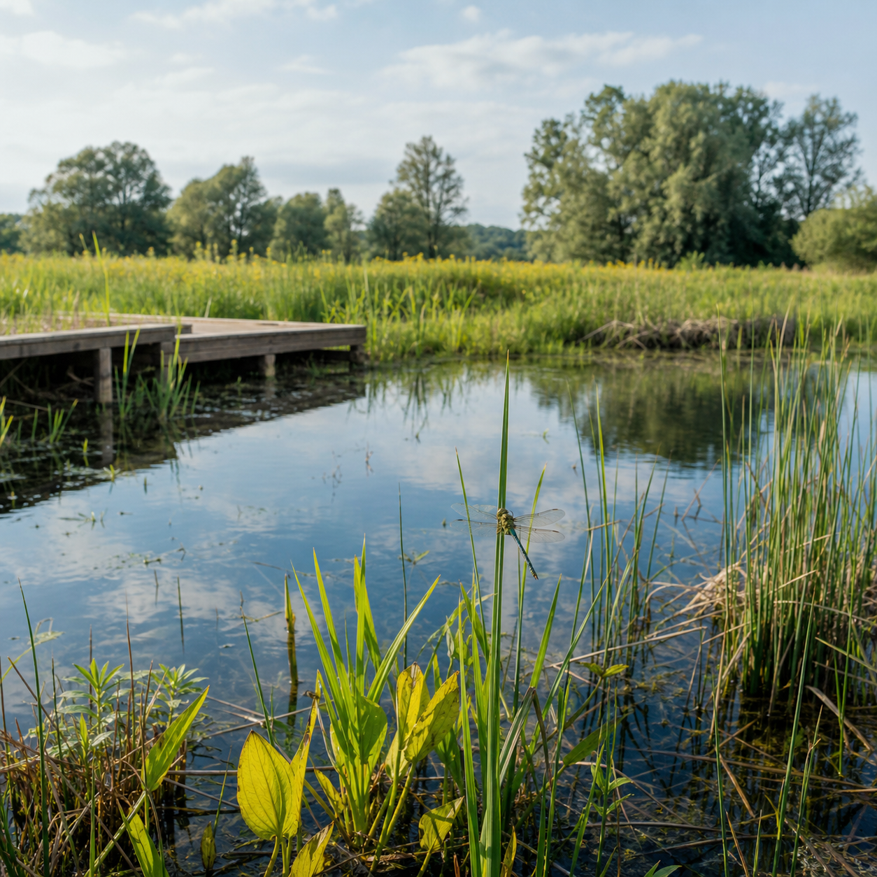 A restored freshwater pond with reeds, wetland plants, and a boardwalk
