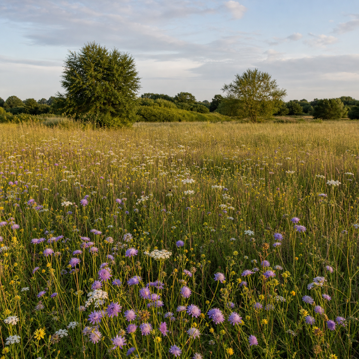 A restored wildflower meadow with native flowers and scattered trees